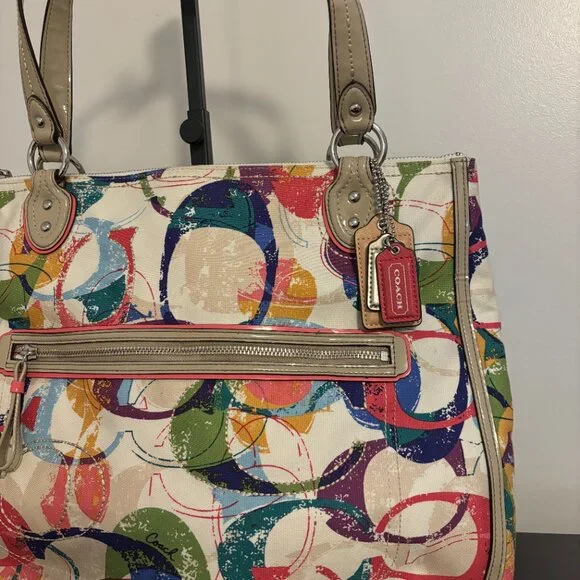 Coach Poppy Colorful Signature Canvas Hallie East/West Taupe Patent Leather Tote - Picture 2 of 14